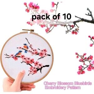 10 Pk Cherry Blossom Flowers Hand Embroideried Kit with Embroidery Hoop 7.9 Inch